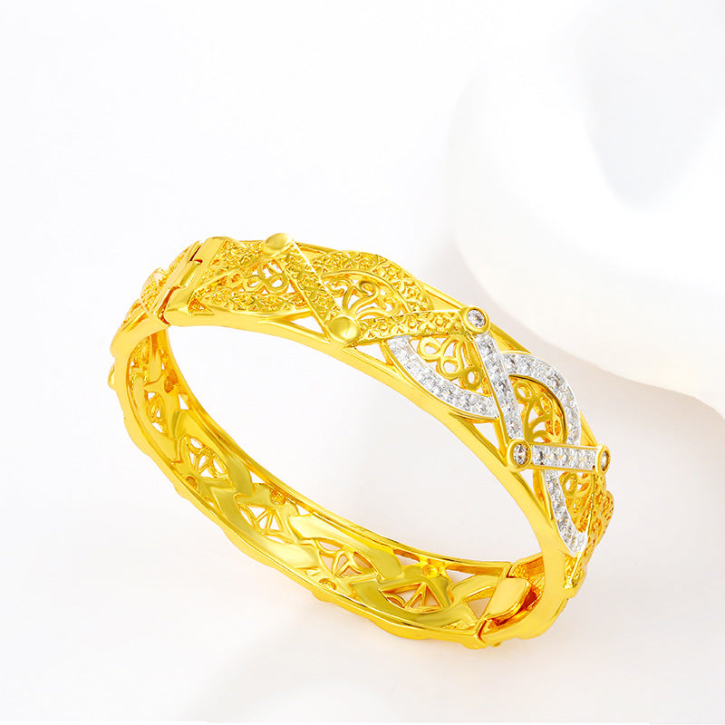 Alloy two-color gold-plated hollow micro inlaid bracelet